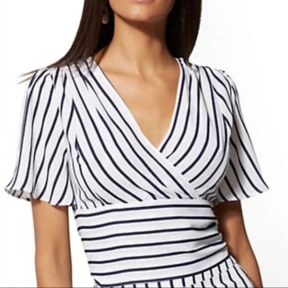 NY&C Women's Navy and White Stripe Wrap Blouse- XL - Picture 1 of 5